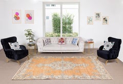 6.8x10.5 Ft Hand Knotted Vintage Turkish Rug in Orange, Navy Blue & Cream Colors