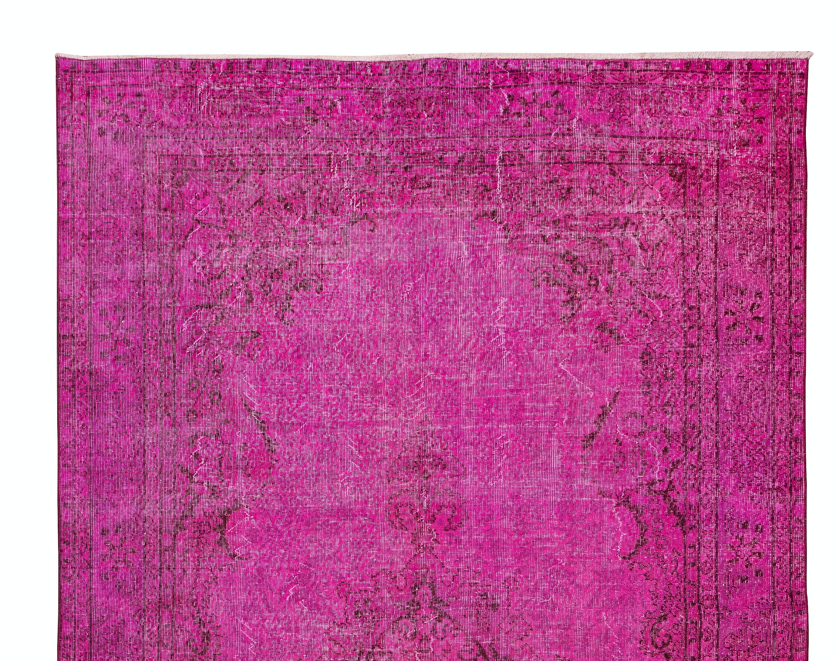 Hand-Woven 6.8x10.5 Ft Hand Knotted Vintage Turkish Rug in Pink, Modern Decorative Carpet
