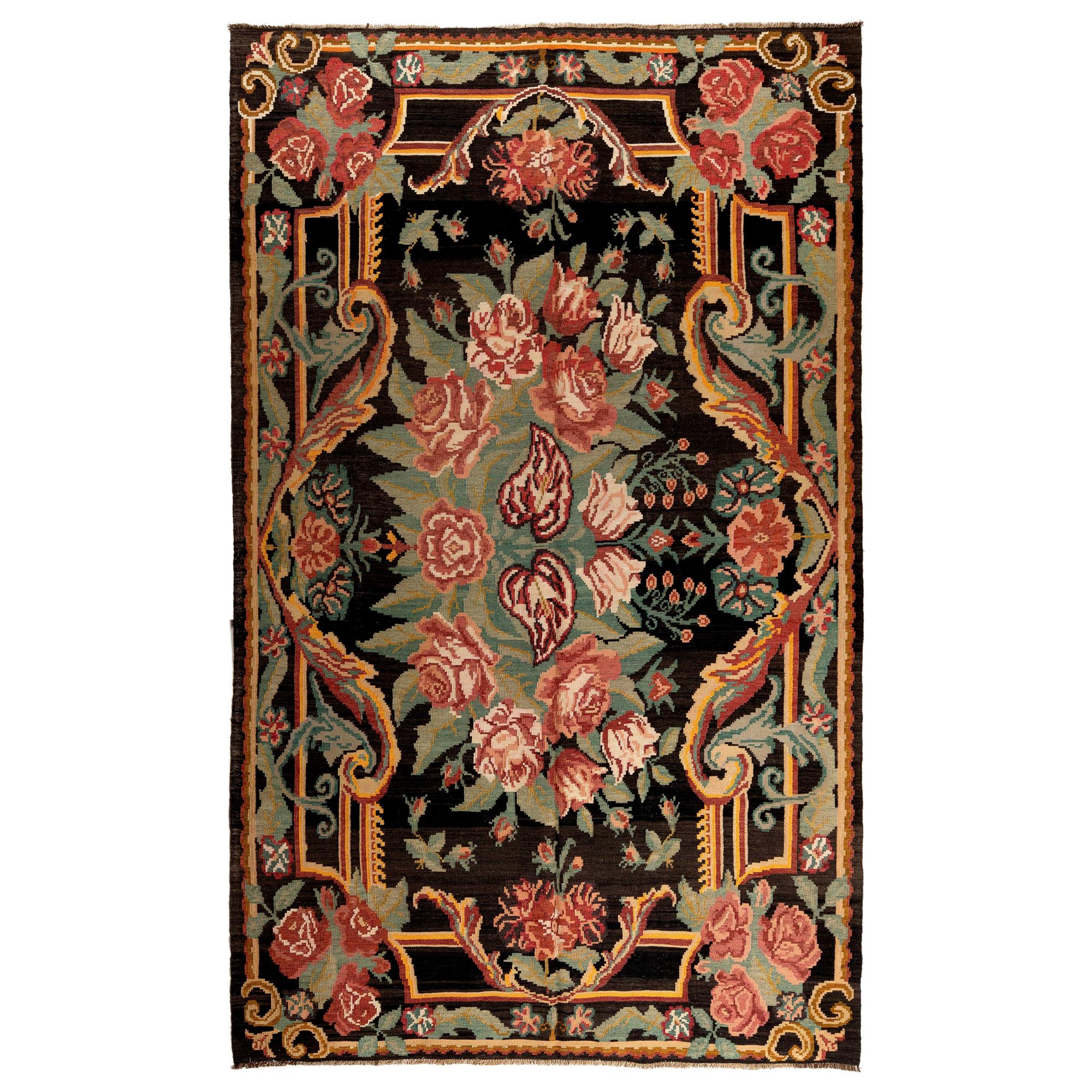 6x9.4 Ft Vintage Bessarabian Kilim, Floral Handwoven Wool Rug from
