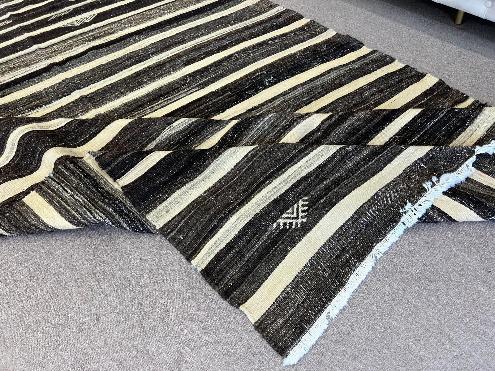Turkish 6.8x11.2 Ft Handwoven Vintage Nomadic Striped Kilim Rug in Cream and Brown Wool