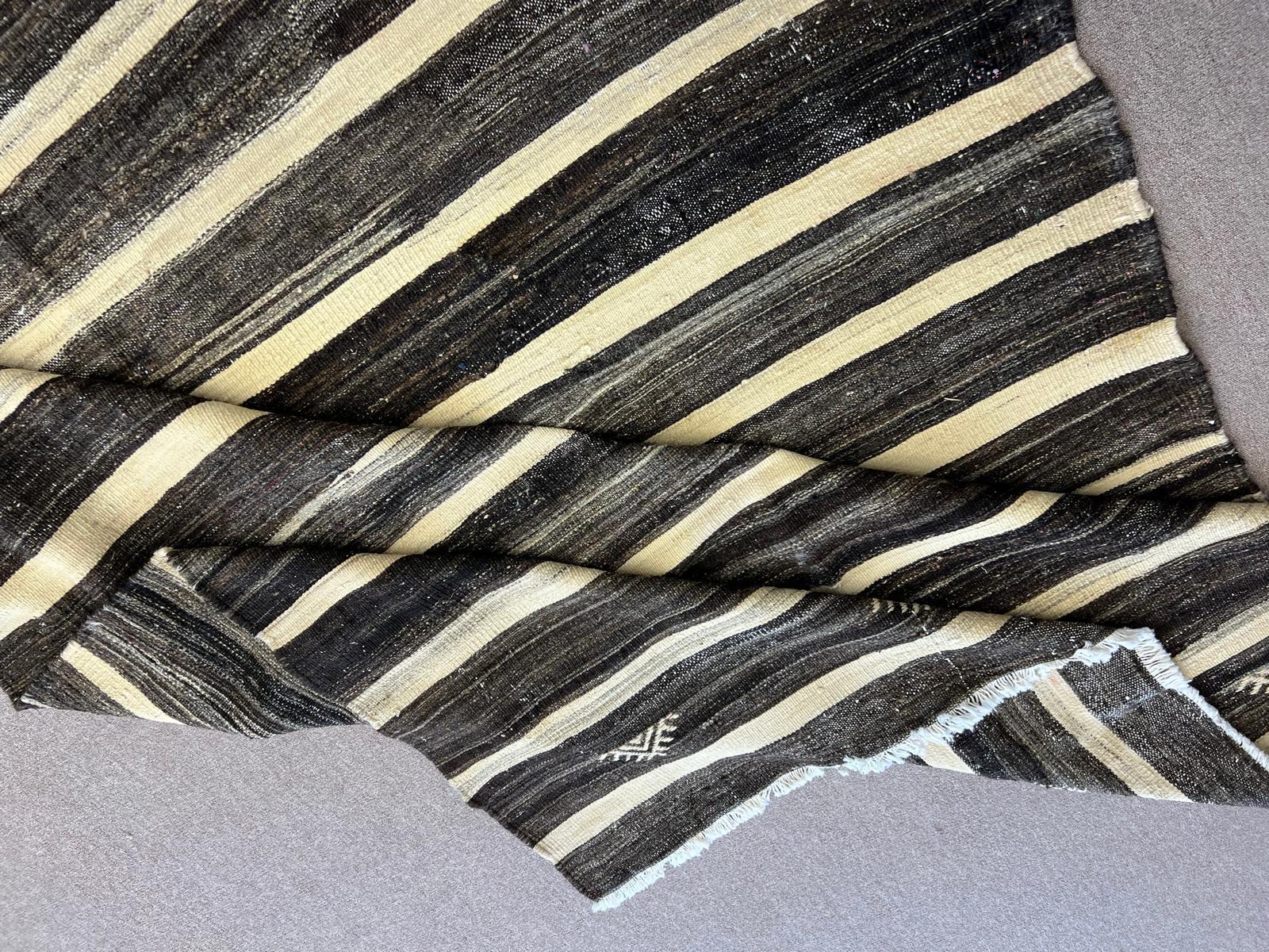 Hand-Woven 6.8x11.2 Ft Handwoven Vintage Nomadic Striped Kilim Rug in Cream and Brown Wool