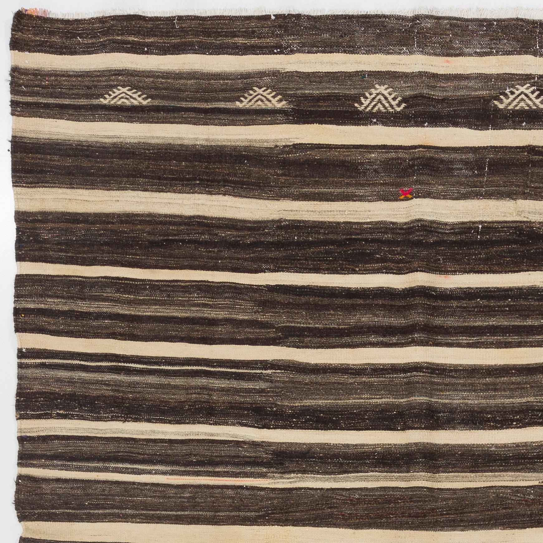 Mid-20th Century 6.8x11.2 Ft Handwoven Vintage Nomadic Striped Kilim Rug in Cream and Brown Wool