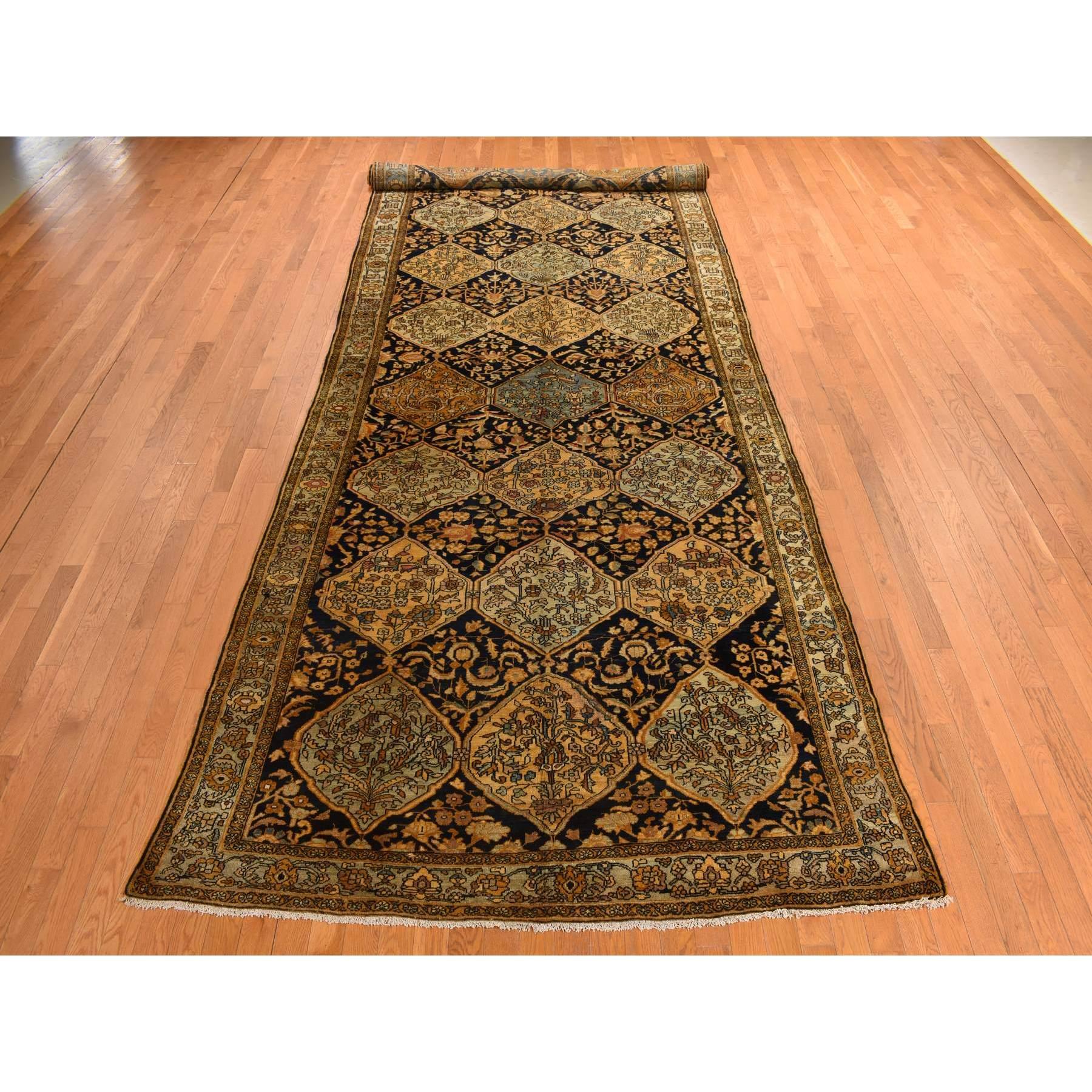 Midnight Blue, Colorful, Antique Persian Bakhtiari in an Excellent Condition, Diamond Shape Garden Medallion Design, Hand Knotted, Pure Wool, Gallery Size Wide Runner, Oriental Rug
Primary materials: Wool
Latex: No Pile 
height: 0.25 Inches
Style: