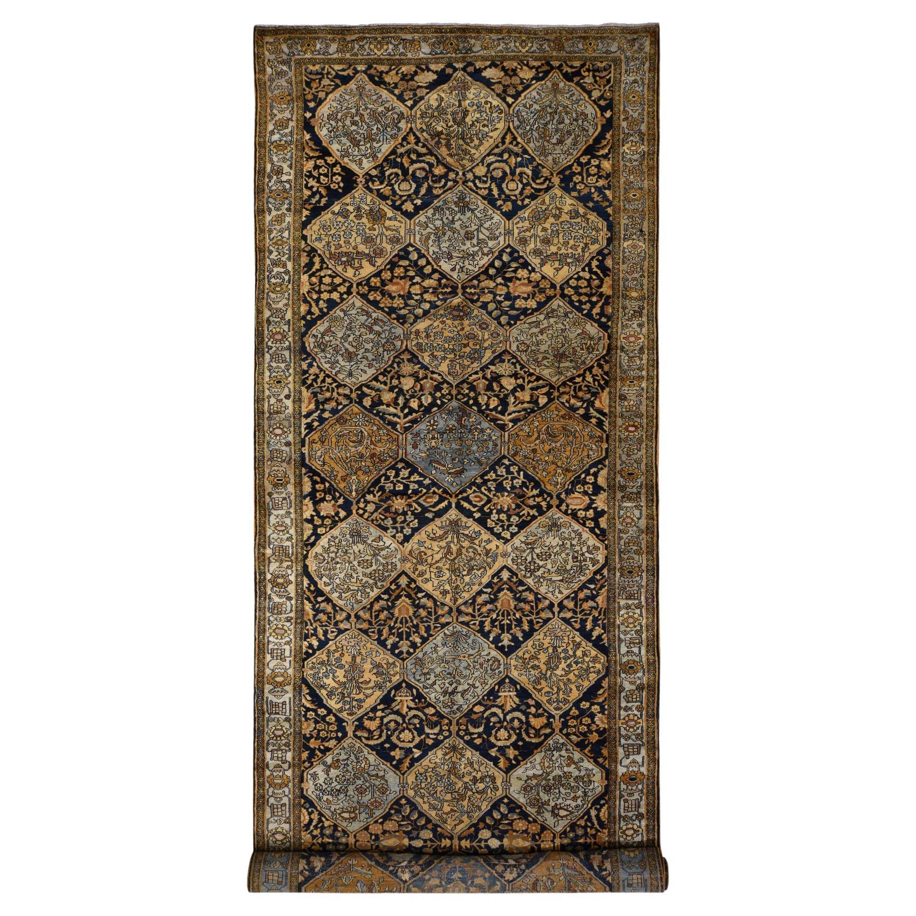 6'8"x19'3" Blue with Yellow Antique Persian Bakhtiari Hand Knotted Pure Wool For Sale