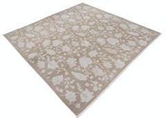 Tappeto floreale annodato a mano 6.8x6.7 ft con motivo botanico a vite, beige e marrone
