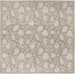 Tappeto floreale annodato a mano 6.8x6.7 ft con motivo botanico a vite, beige e marrone