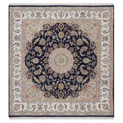 106 x 106 cm, mitternachtsblauer, handgeknüpfter Nain-Teppich aus weicher Wolle und Seide, 250 KPSI
