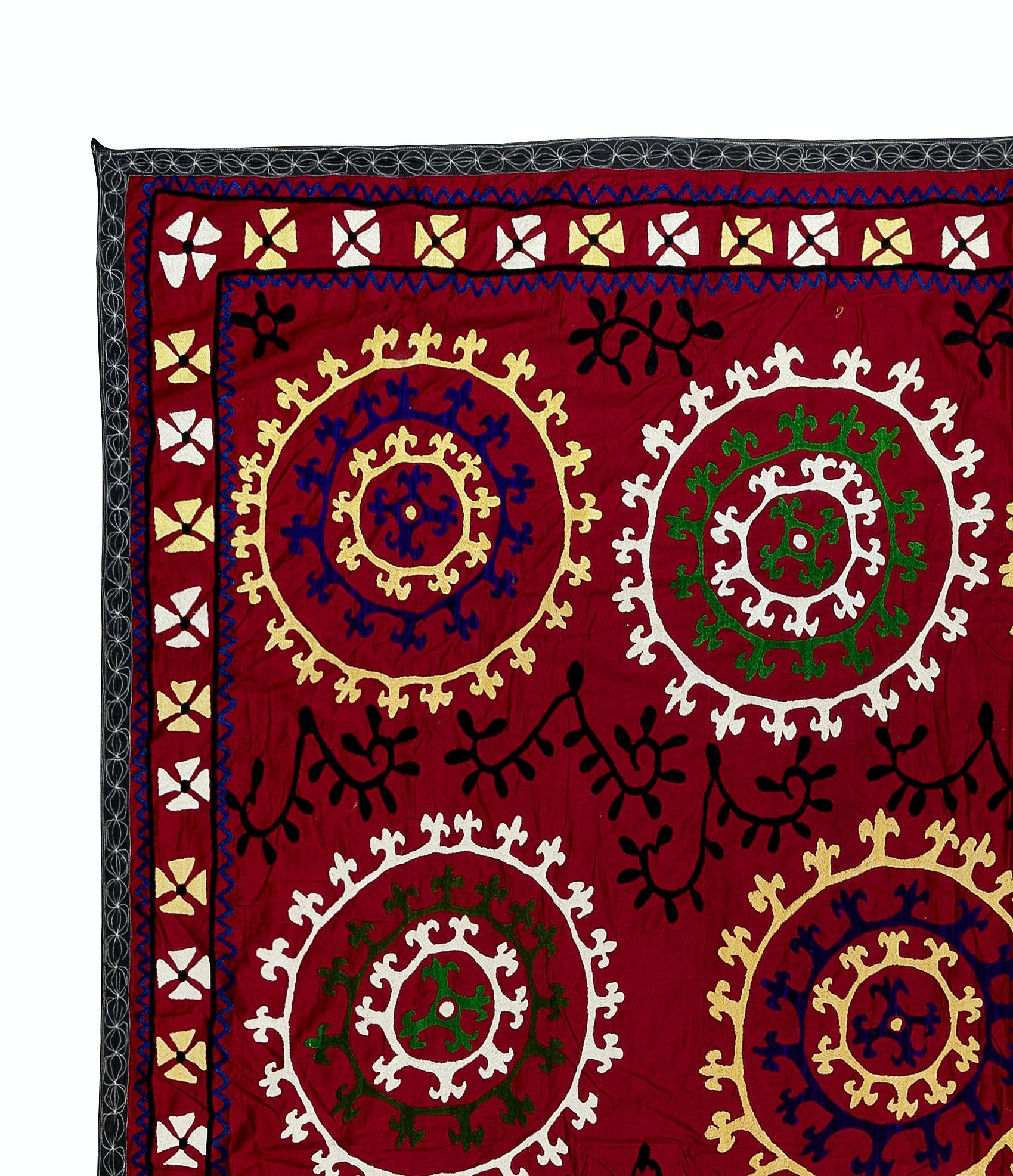 Uzbek 6.8x7.2 Ft Embroidered Bed Cover, Vintage Wall Hanging, Red Tapestry, Silk Throw For Sale