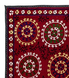 6.8x7.2 Ft Vintage Wall Hanging with Red Ground & Colorful Medallion Embroidery