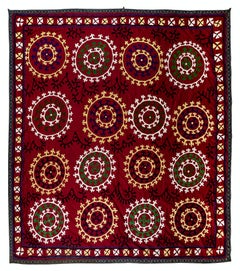 6.8x7.2 Ft Vintage Wall Hanging with Red Ground & Colorful Medallion Embroidery