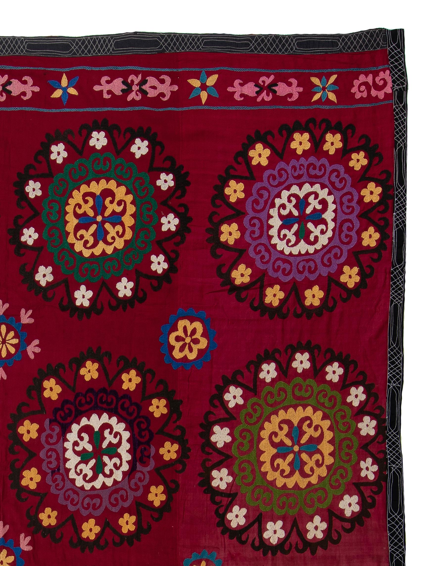 Uzbek 6.8x7.8 Ft Central Asian Suzani Textile, Embroidered Cotton & Silk Wall Hanging For Sale
