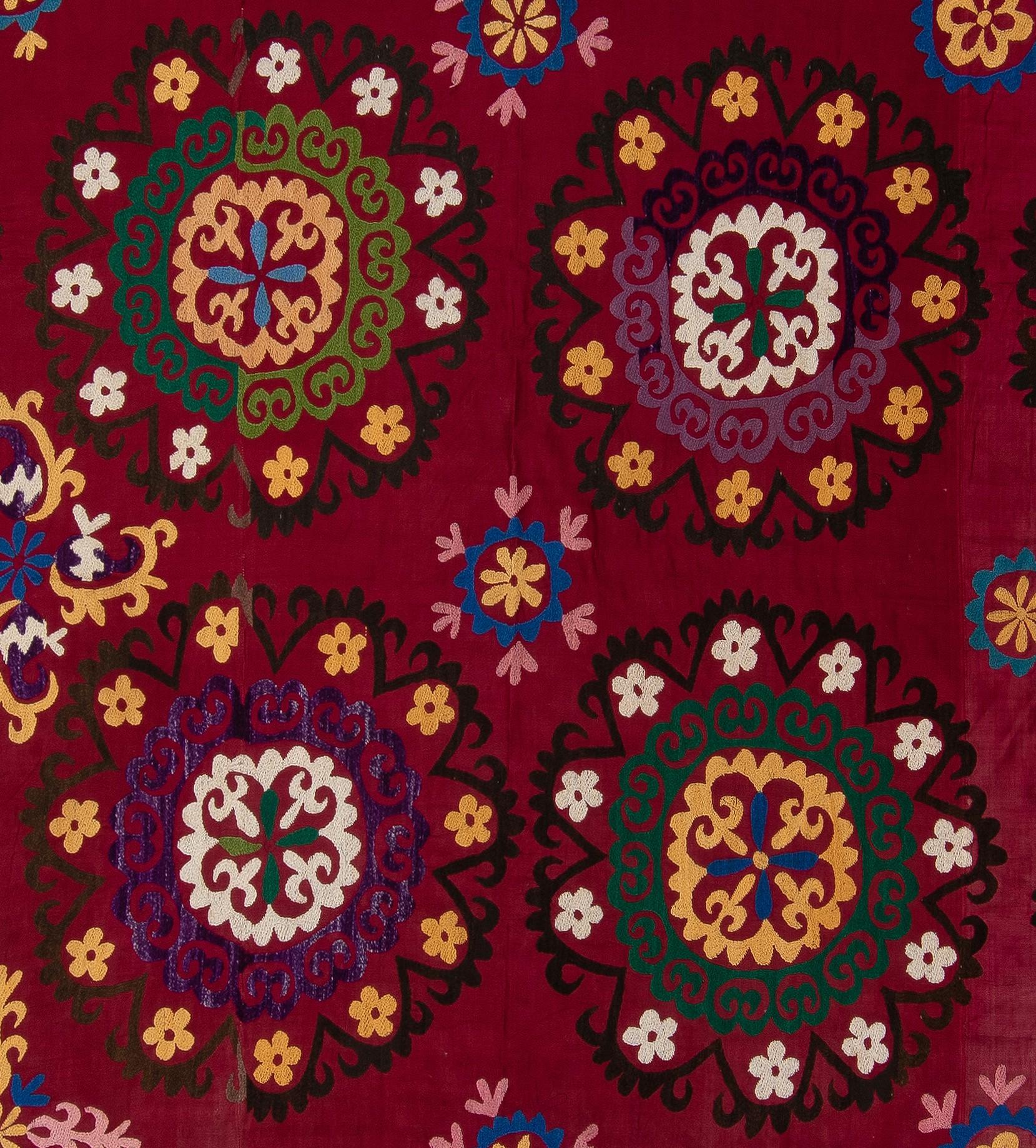 6.8x7.8 Ft Central Asian Suzani Textile, Embroidered Cotton & Silk Wall Hanging In Good Condition For Sale In Spring Valley, NY