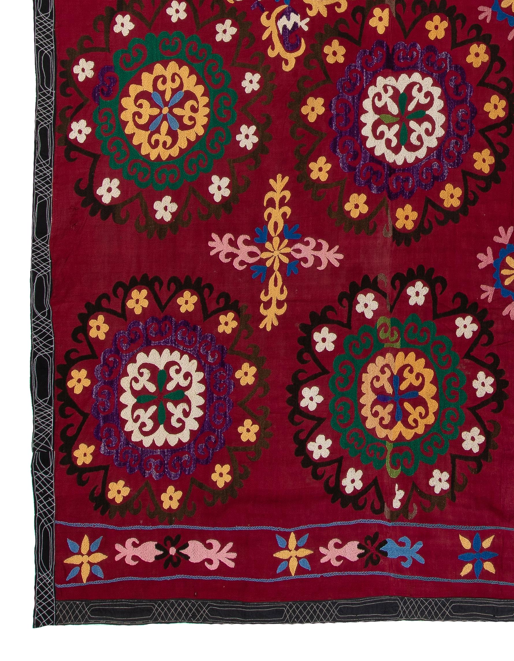 20th Century 6.8x7.8 Ft Central Asian Suzani Textile, Embroidered Cotton & Silk Wall Hanging For Sale