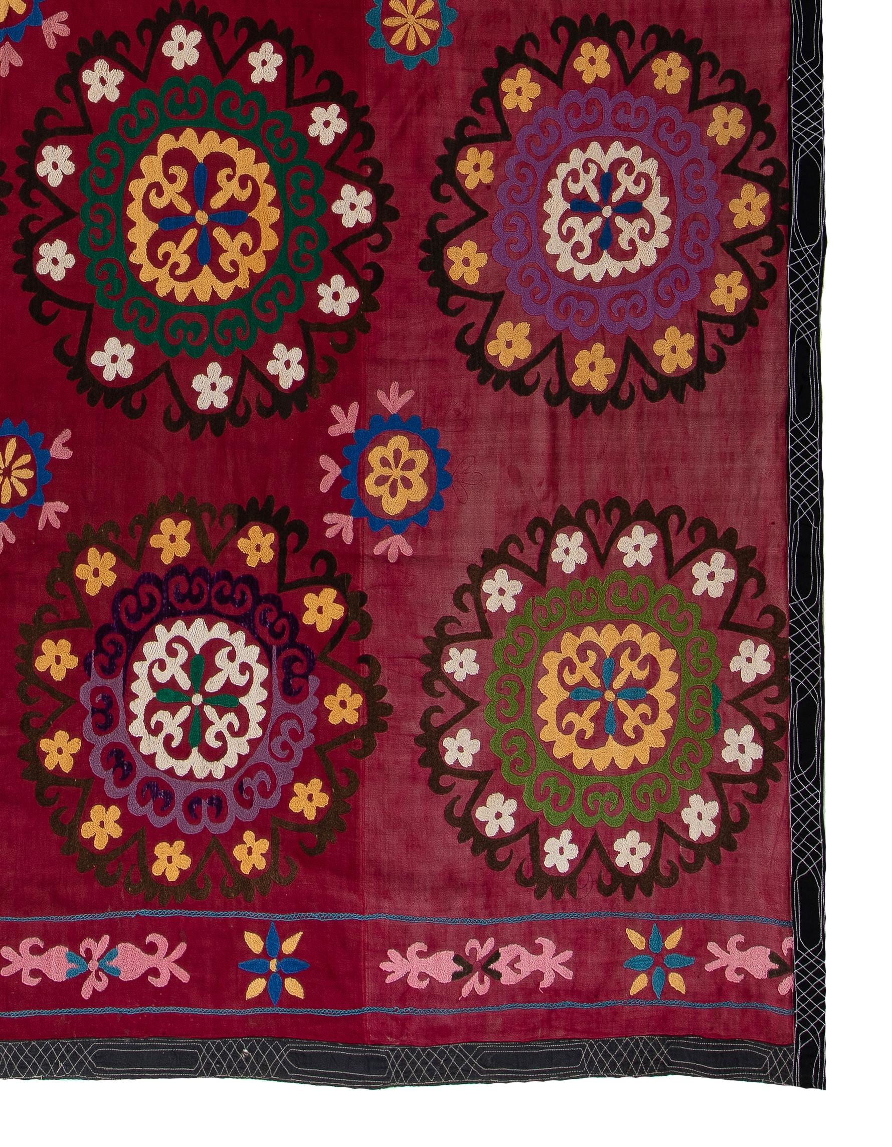 6.8x7.8 Ft Central Asian Suzani Textile, Embroidered Cotton & Silk Wall Hanging For Sale 1