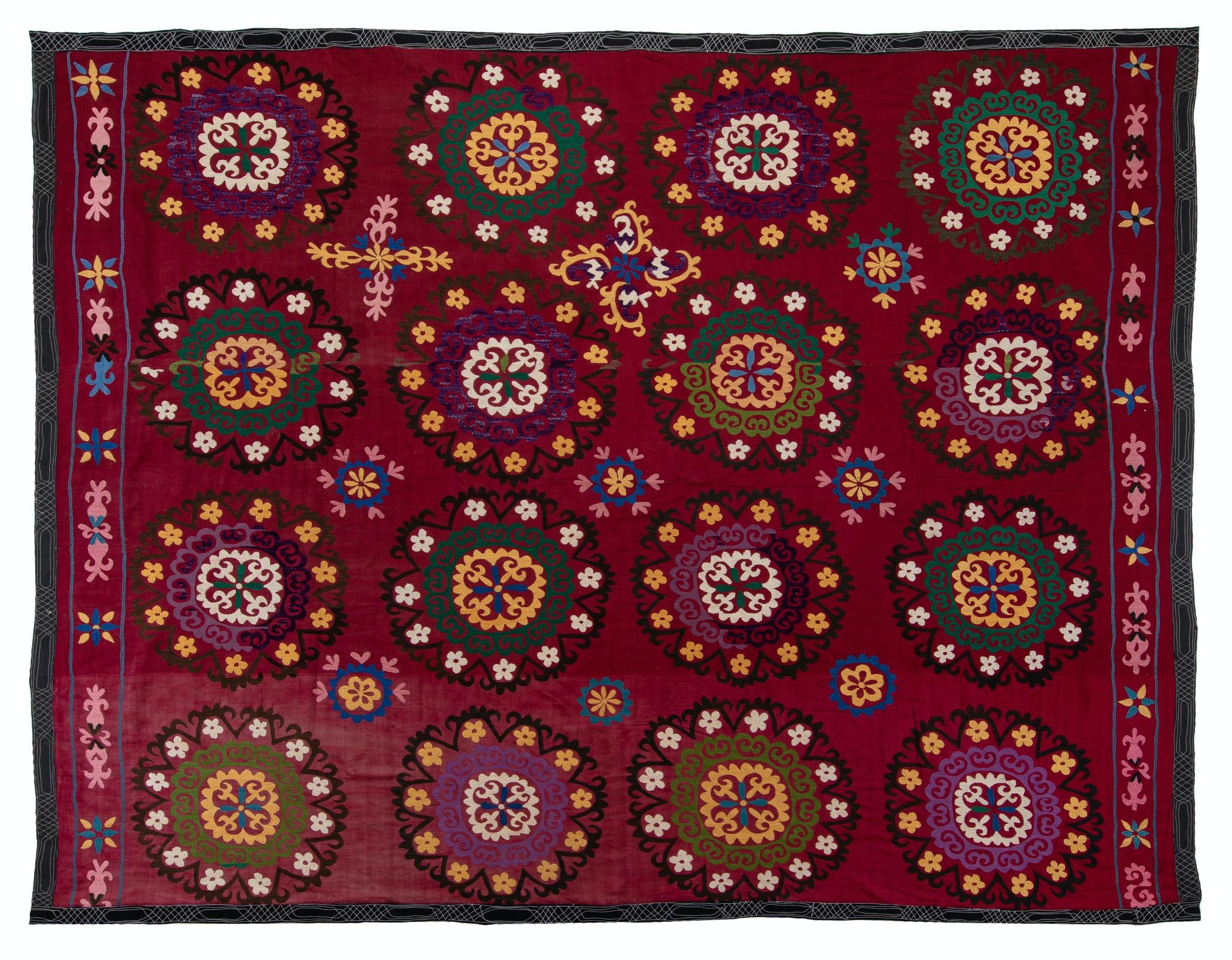 6.8x7.8 Ft Central Asian Suzani Textile, Embroidered Cotton & Silk Wall Hanging For Sale 2