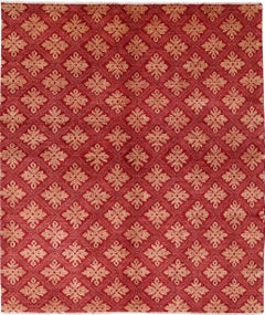 6.8x8 ft Tappeto d'area rosso e beige annodato a mano. Tappeto con disegno geometrico ripetuto