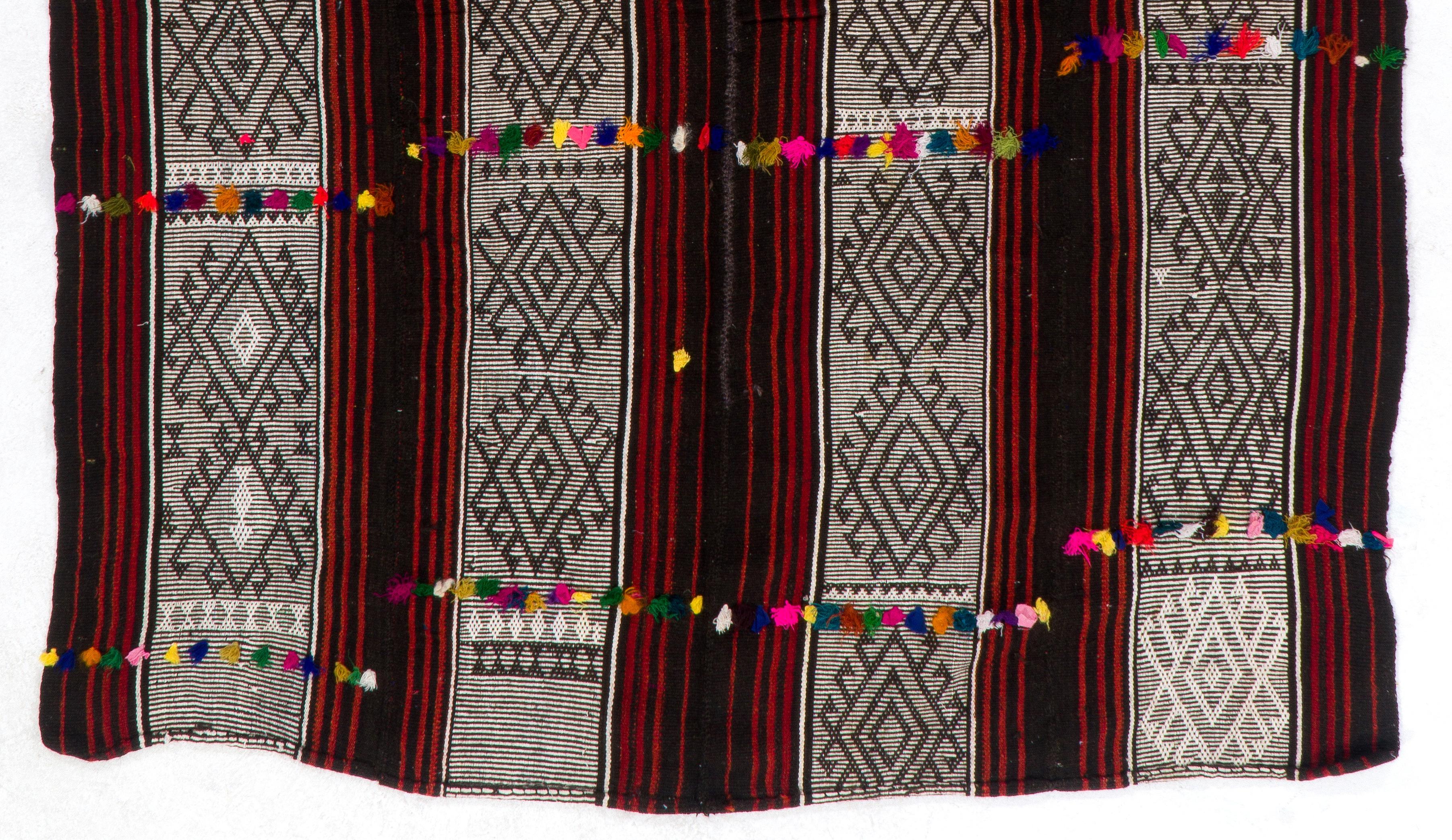 Kilim 6.7x8 Ft Vintage Handmade 'Boho Chic' Turkish Flat Weave with Colorful Pom Poms For Sale