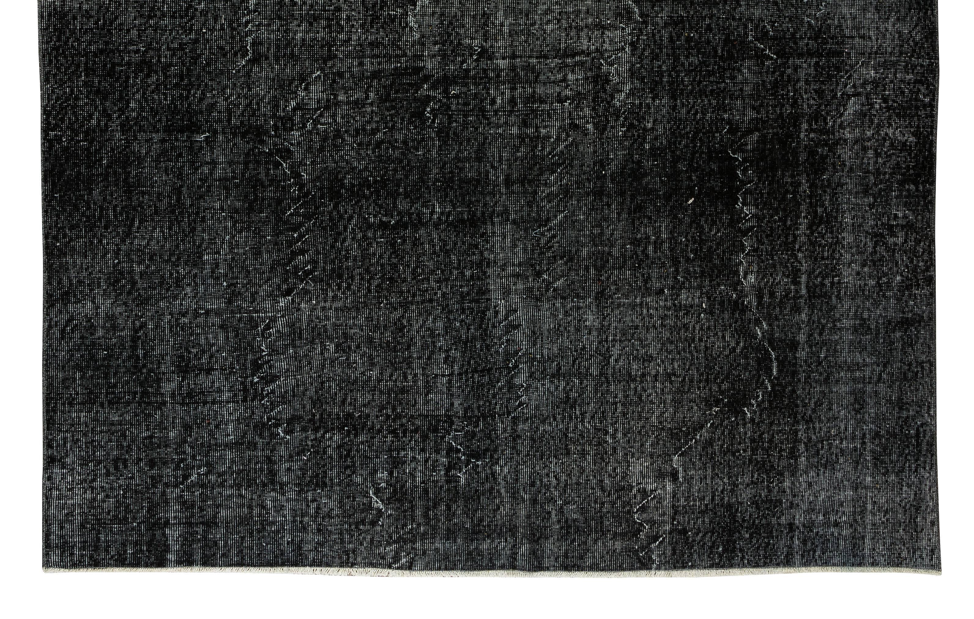 Wool 6.8x8.4 Ft Hand-Knotted Vintage Turkish Rug in Solid Black for Modern Homes For Sale