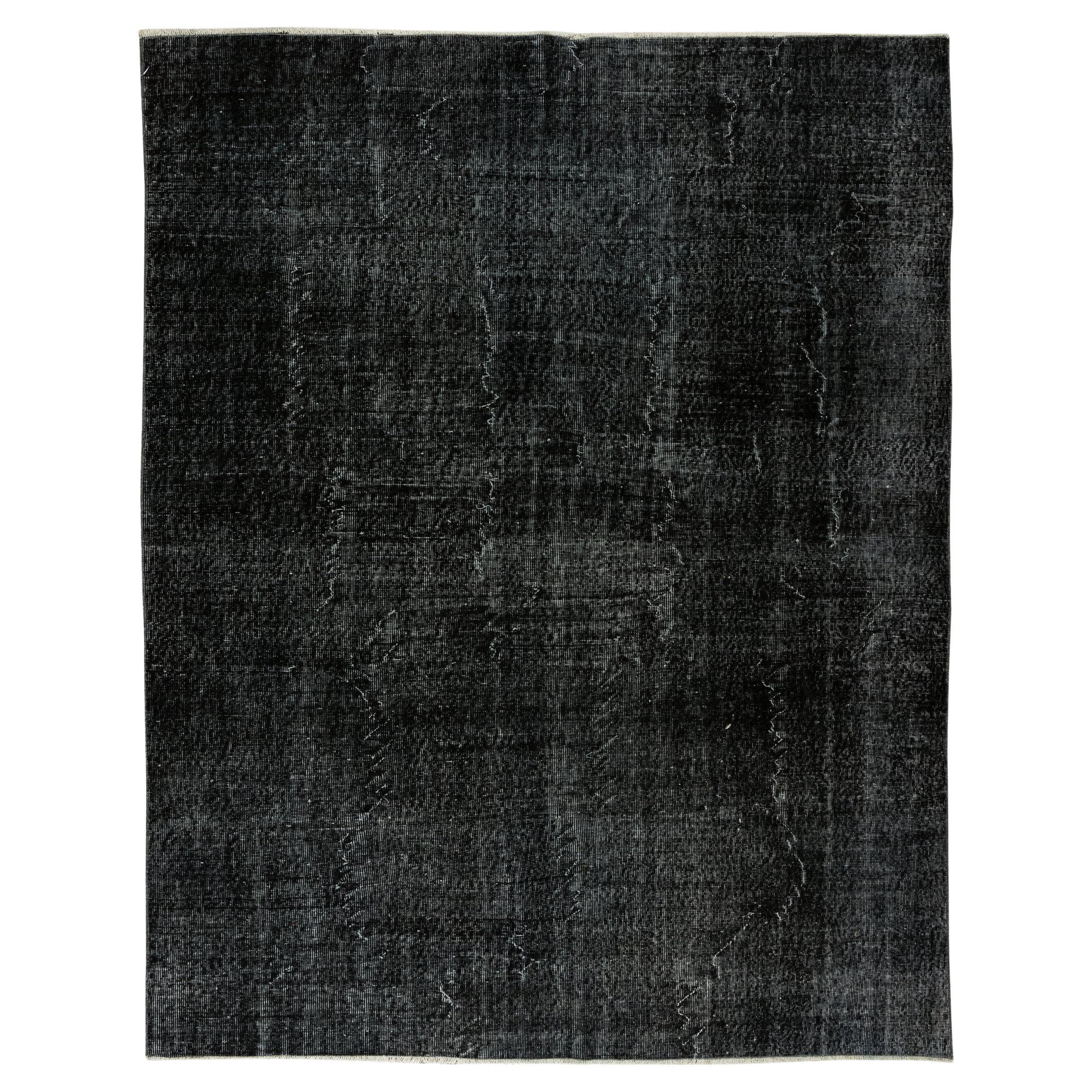 6.8x8.4 Ft Hand-Knotted Vintage Turkish Rug in Solid Black for Modern Homes