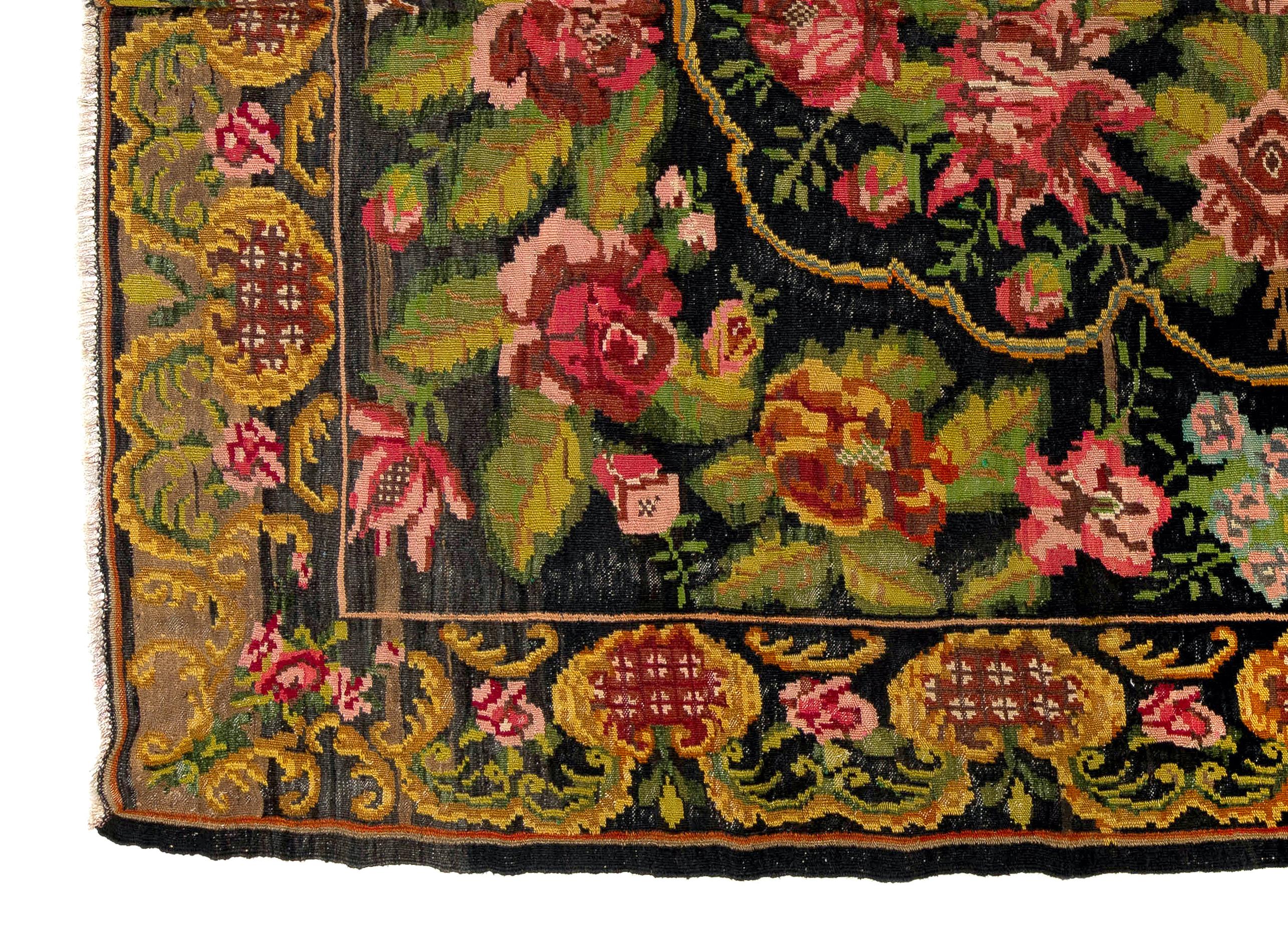 Moldovan 6.9x9.4 Ft Eastern European Bessarabian Kilim, Floral Vintage Handwoven Tapestry For Sale