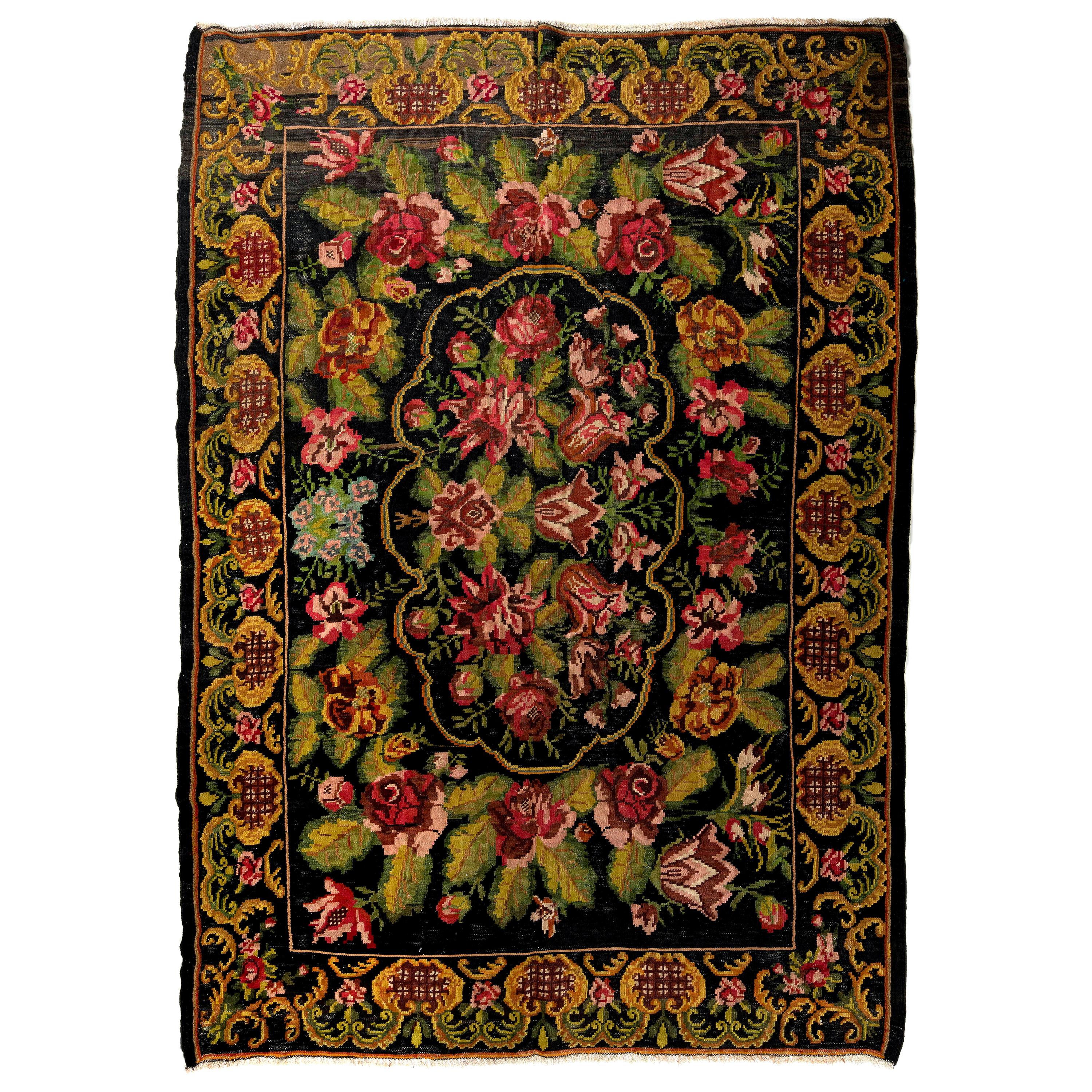 6.9x9.4 Ft Eastern European Bessarabian Kilim, Floral Vintage Handwoven Tapestry