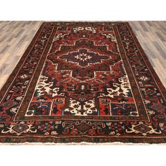 6'8"x9'3" Red Vintage Medaliion Design Hand Knotted Wool Worn Down Oriental Rug