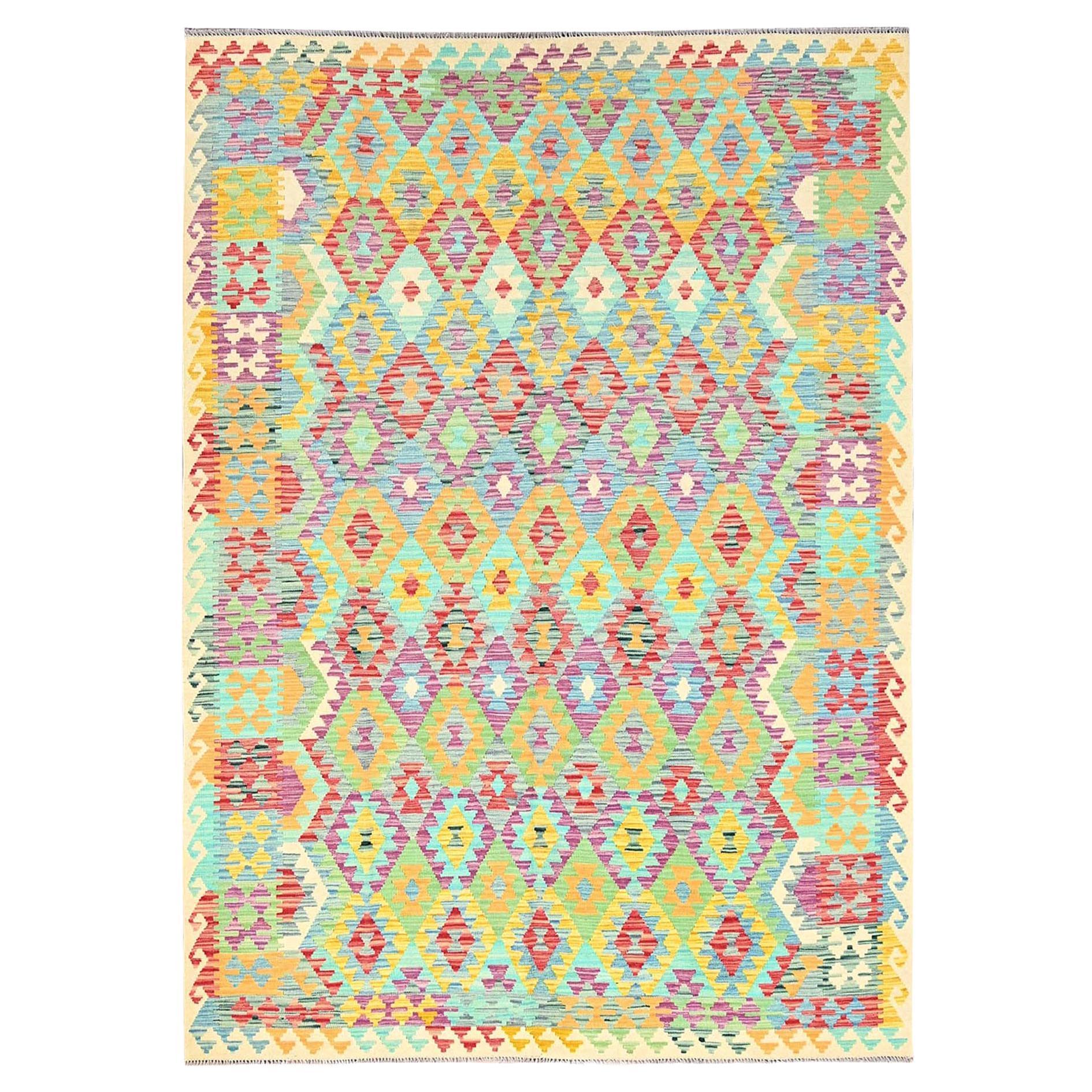 6'8 "x9'7" Colorful Pure Wool Hand Woven Afghan Kilim Oriental Rug