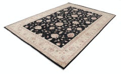 6.8x9.7 ft Hand Knotted Floral Large Area Rug with Black Field and Beige Border