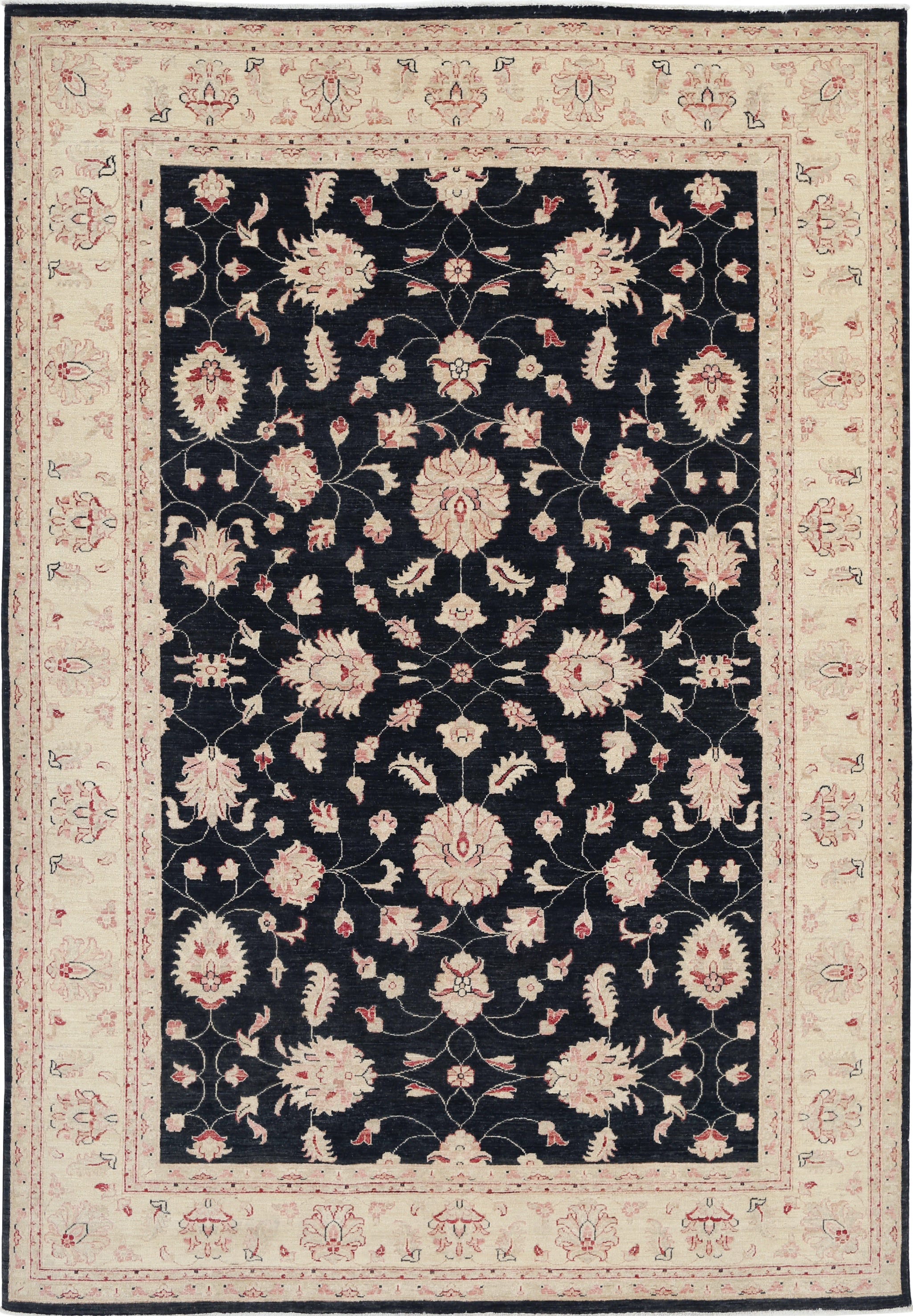6.8x9.7 ft Hand Knotted Floral Large Area Rug with Black Field and Beige Border