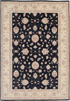 6.8x9.7 ft Hand Knotted Floral Large Area Rug with Black Field and Beige Border