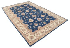 6.8x9.7 ft Hand Knotted Navy Blue & Ivory Turkish Rug. Traditional Floral Carpet