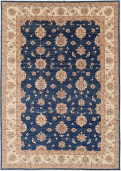 6.8x9.7 ft Hand Knotted Navy Blue & Ivory Turkish Rug. Traditional Floral Carpet