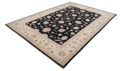6.8x9.7 ft Handmade Floral Oushak Rug with Black Field & Beige Border. 100% Wool