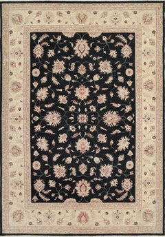 6.8x9.7 ft Handmade Floral Oushak Rug with Black Field & Beige Border. 100% Wool