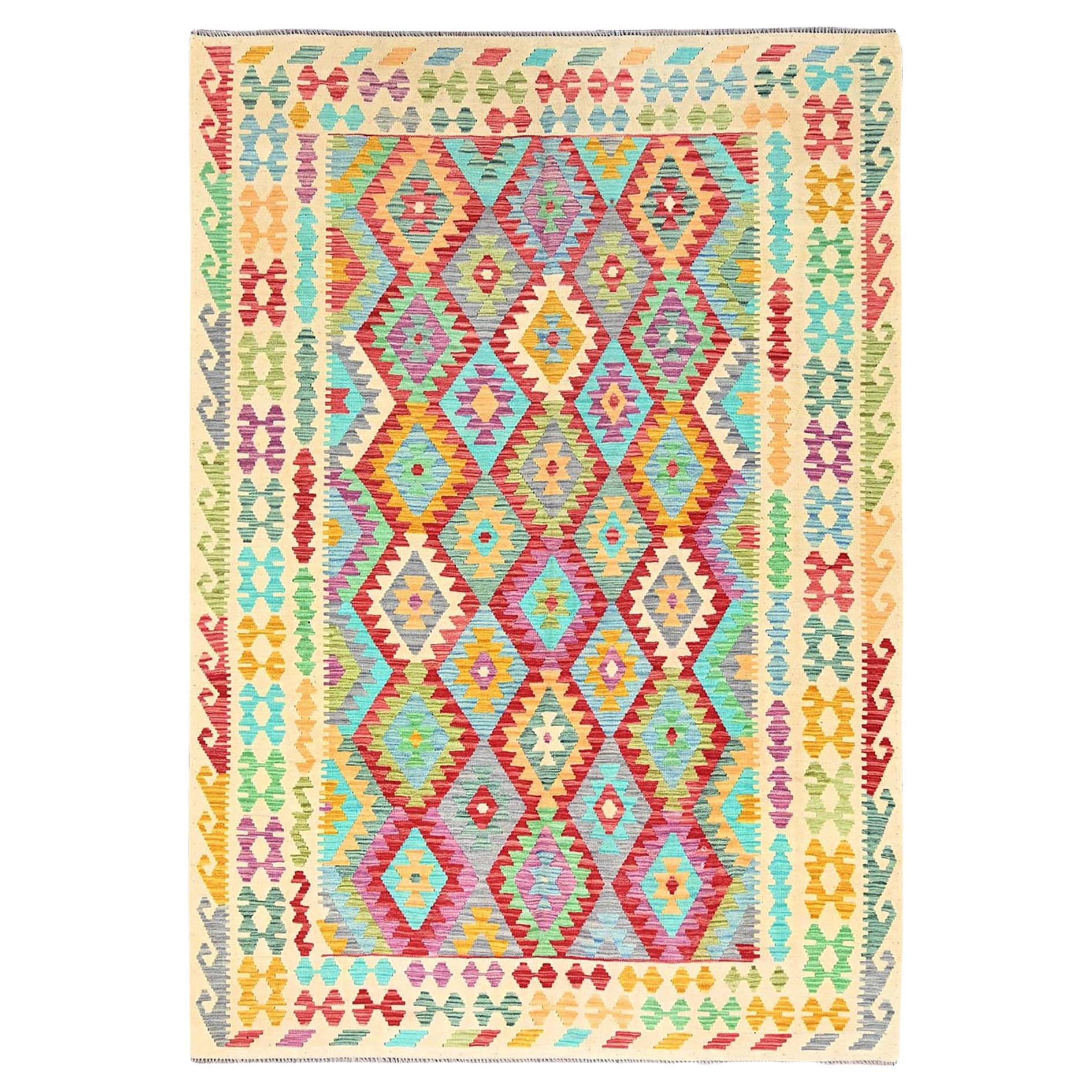 6
8 "x9
8" Bunt, Afghanischer Kilim, 100% Wolle, Handgewebt, Orientteppich