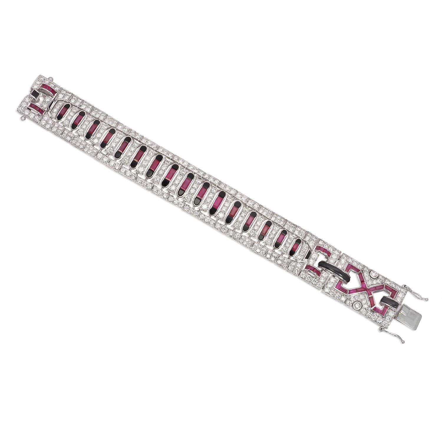 This exquisite bracelet exudes a luxurious and bold charm with its stunning art deco design. Crafted with 18K white gold, the bracelet is 6.5mm wide and 173mm long, making it the perfect accessory for any wrist. The accent of the bracelet are a