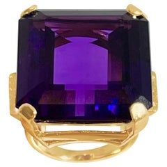 69 Carat Emerald Cut Amethyst Cocktail Ring in 14 Karat Yellow Gold