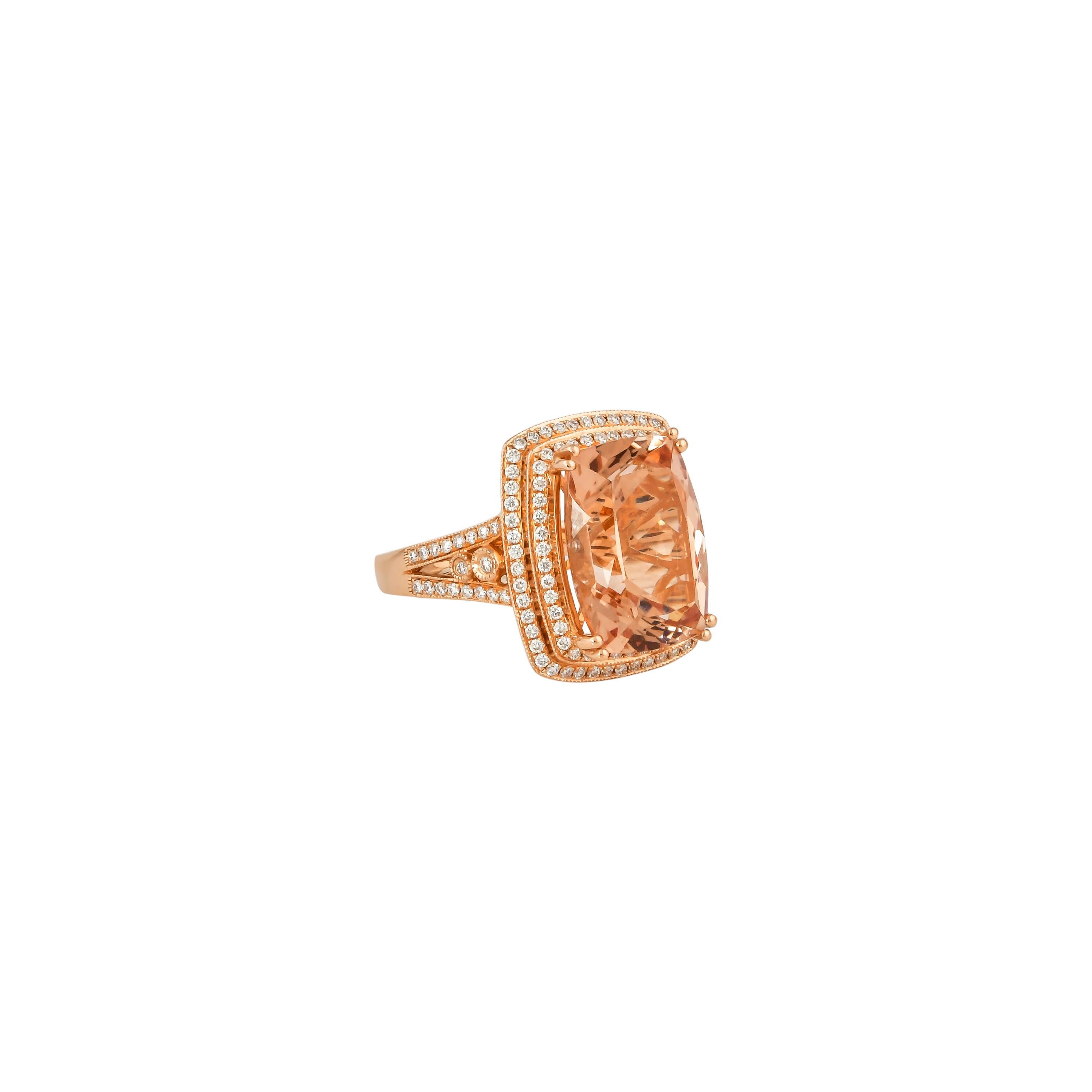 This collection features an array of magnificent morganites! Accented with diamonds these rings are made in rose gold and present a classic yet elegant look. 

Classic morganite ring in 18K rose gold with diamonds. 

Morganite: 6.91 carat cushion