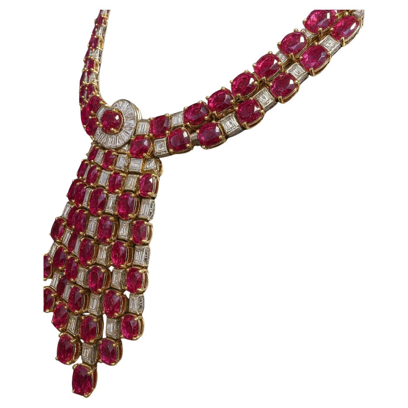Oval Cut 69 Carat Natural Ruby & Diamond Collar Necklace in 18K Gold For Sale
