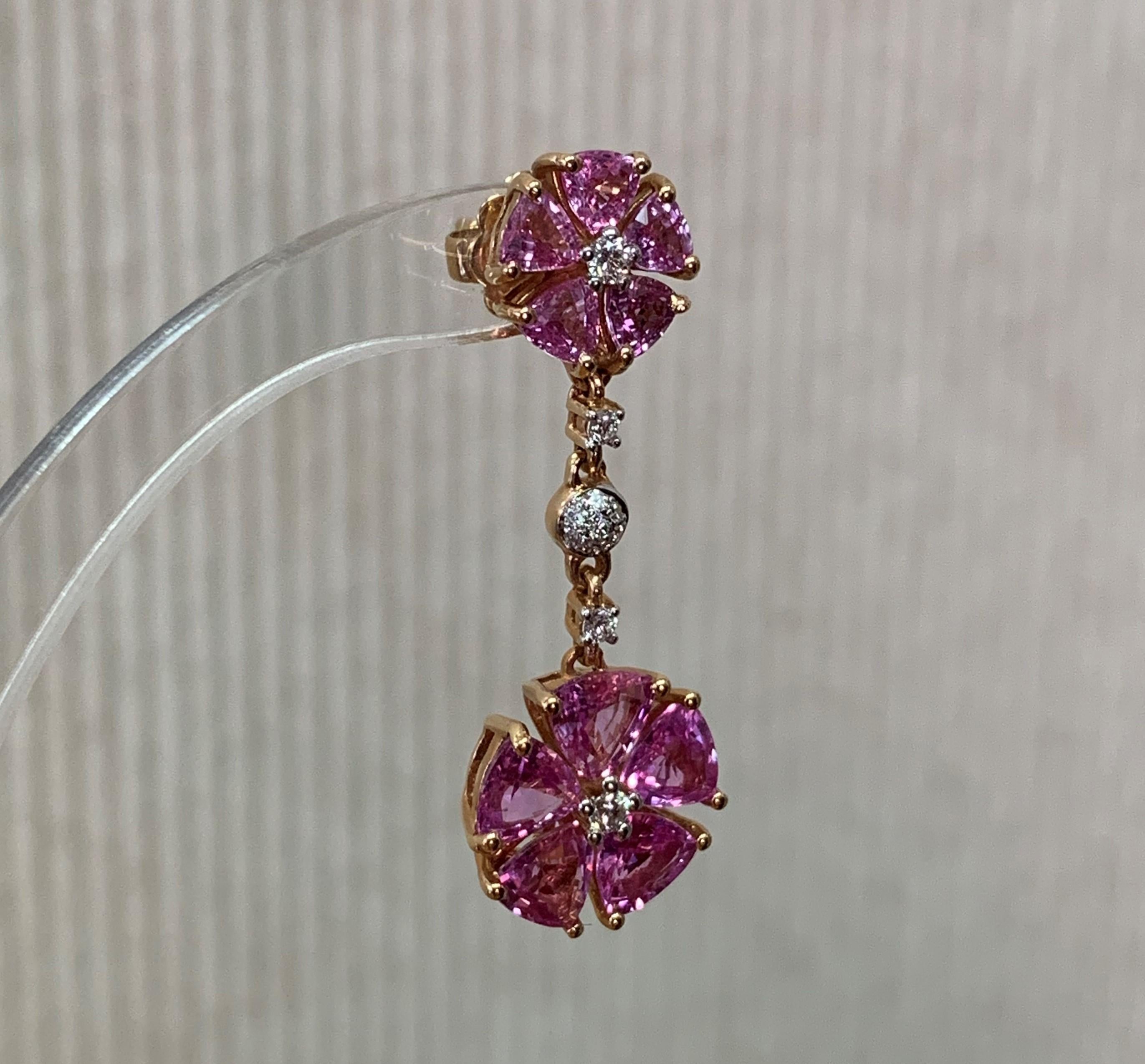 Contemporary 6.9 Carat Pink Sapphire & Diamond Earring in 18 Karat Rose Gold
