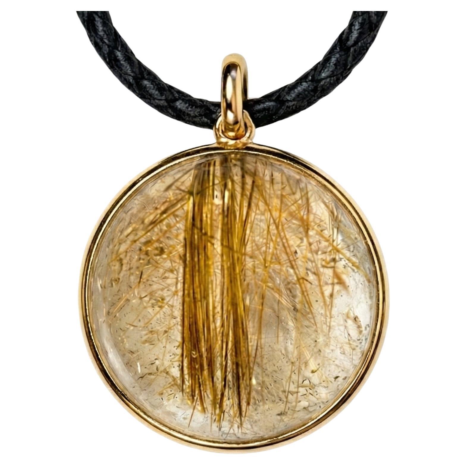 69 Carat Rutilated Quartz Crystal in Rose Gold Pendant Necklace by A. Leyser For Sale