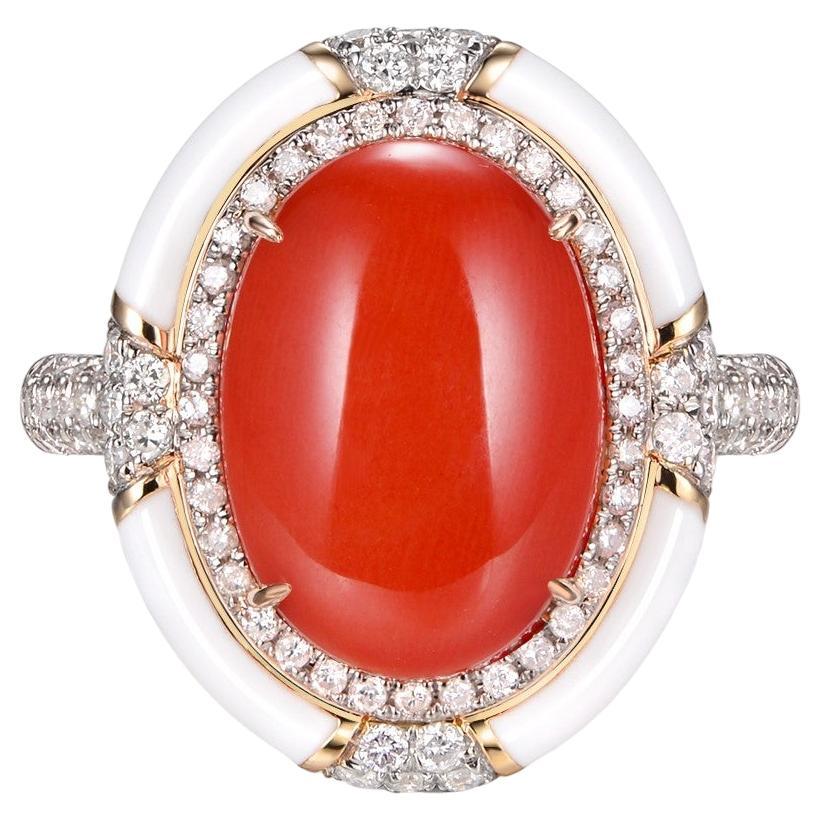 6,9 Karat Lachsfarbener Koralle Diamant Emaille-Ring aus 18 Karat Gelbgold