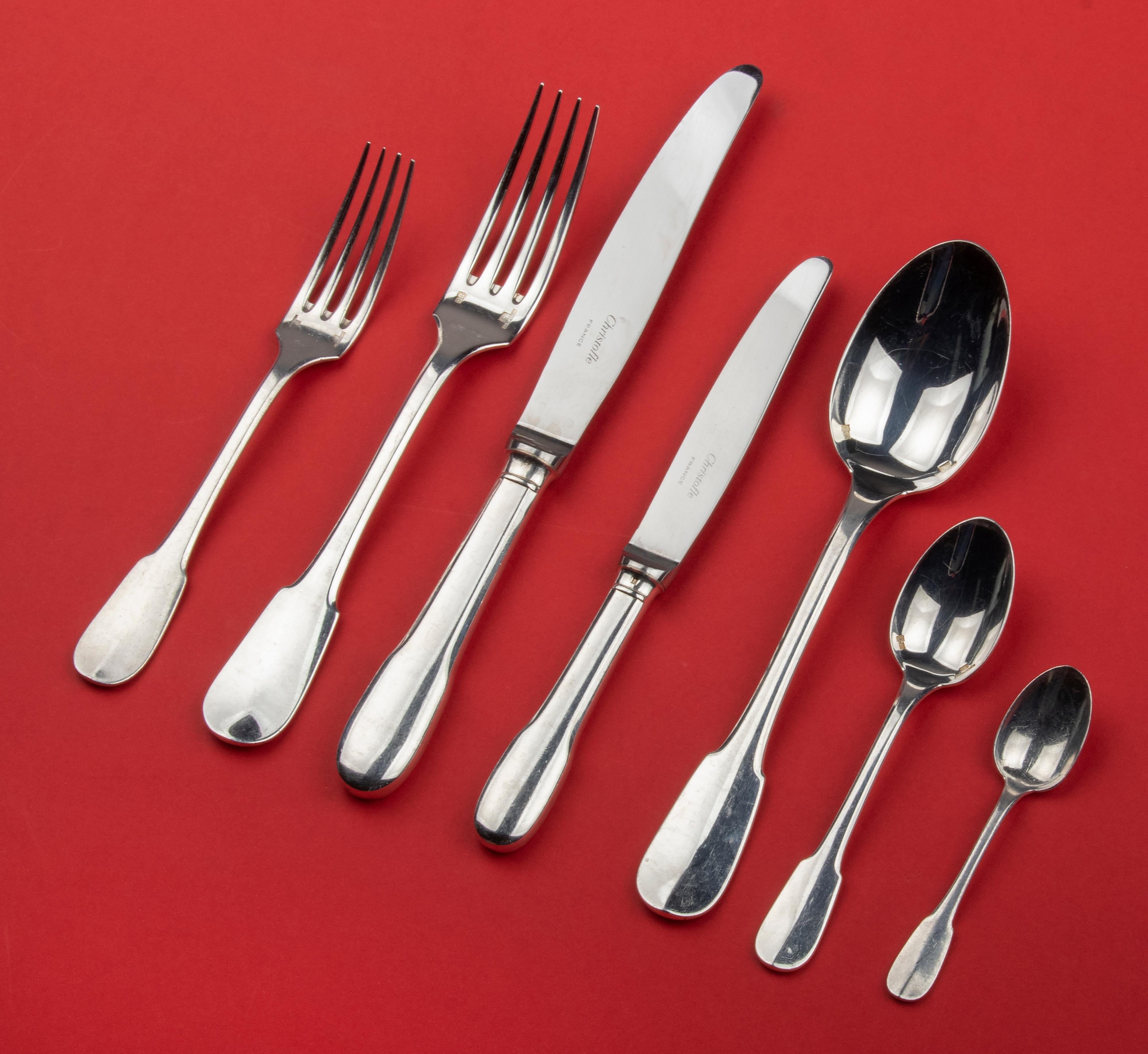 Mid-Century Modern 69-Piece Silver-Plated Flatware by Christofle, Cluny, for 9 Persons