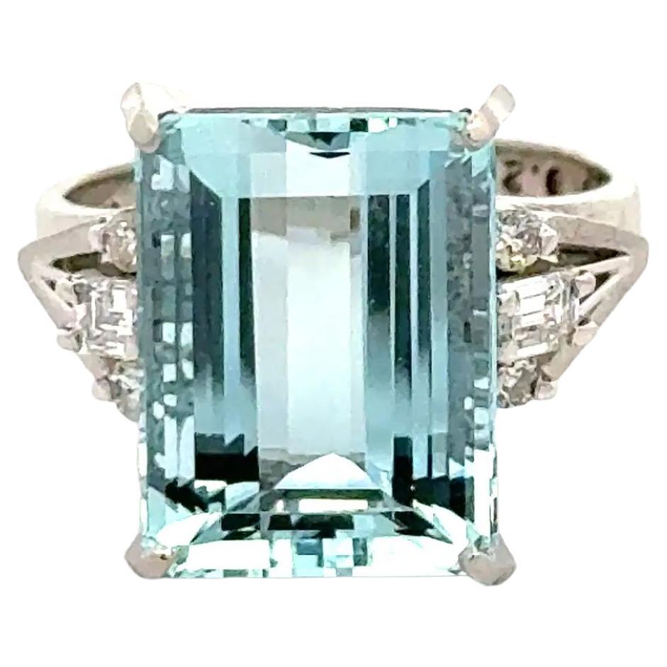 Anello cocktail solitario vintage con acquamarina e diamante da 6,90 carati in platino