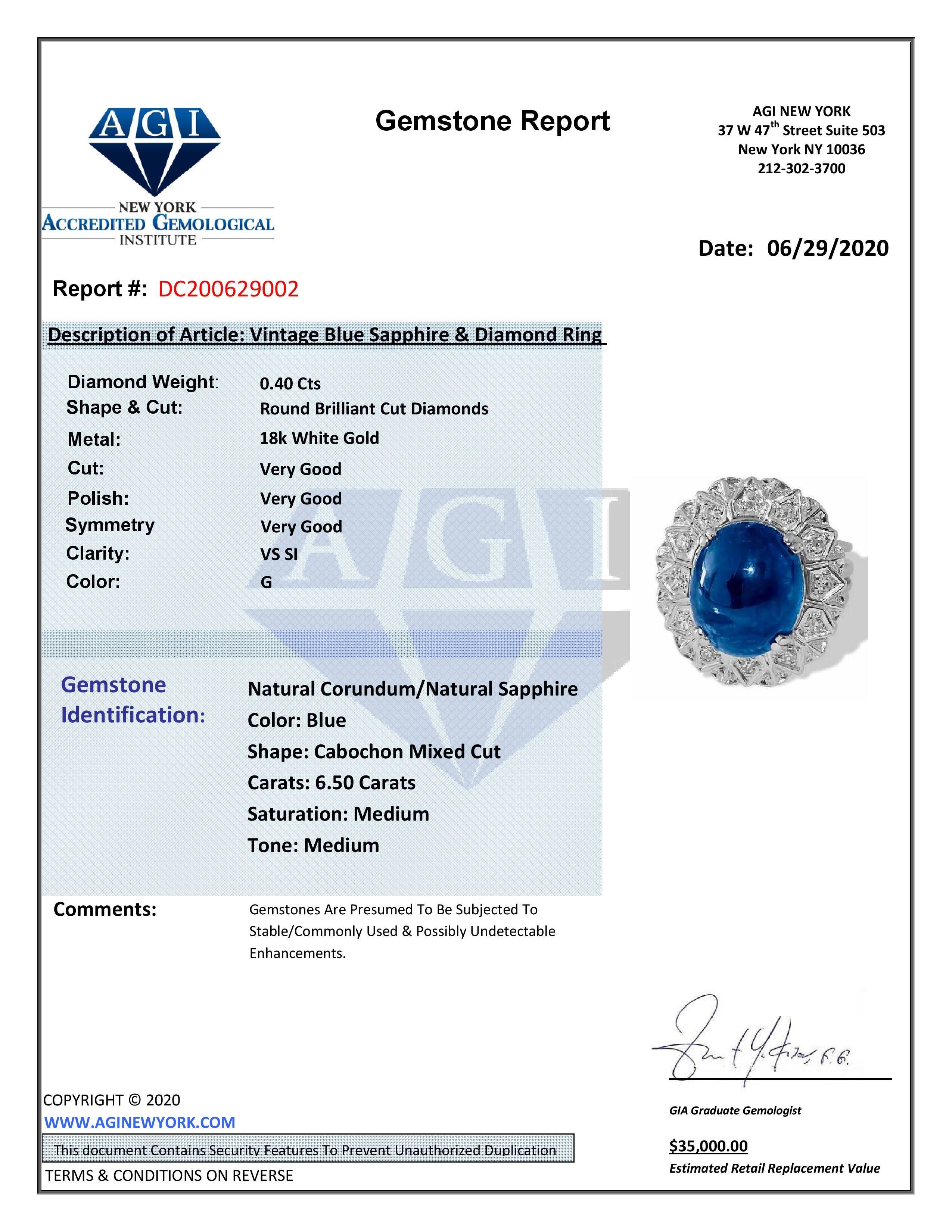 6.90 Carat Blue & Diamond Ring in 18K Gold. VINTAGE For Sale 1