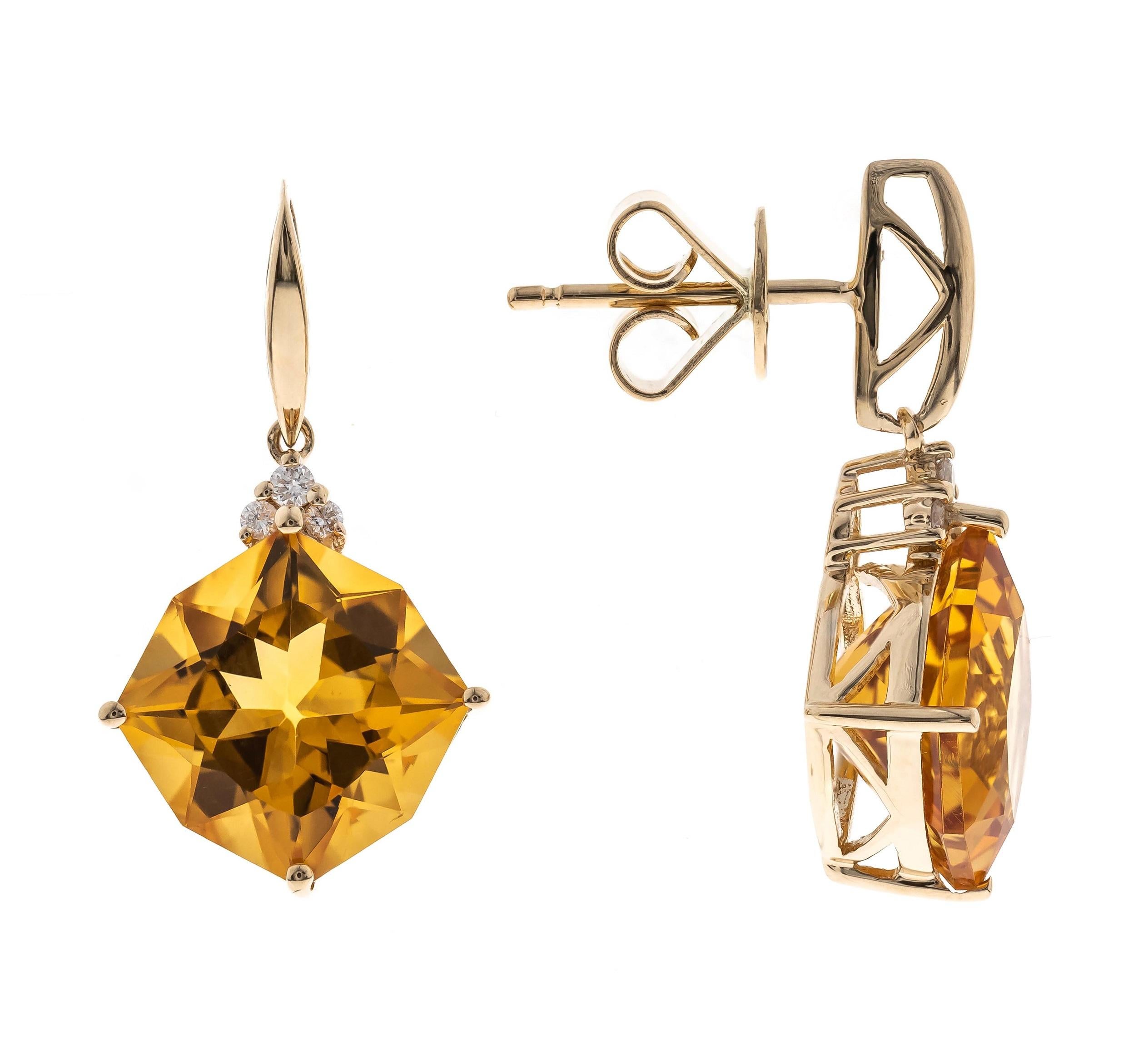 6,90 Karat Citrin im Kissenschliff, Diamant-Akzente 14K Gelbgold Ohrstecker. (Art déco)