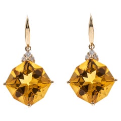 6.90 carat Cushion-cut Citrine, Diamond accents 14K Yellow Gold Stud Earring.