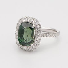 6.90 Carat Cushion Cut Natural Green Sapphire & Diamond Halo 18 Karat Gold Ring