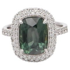 6.90 Carat Cushion Cut Natural Green Sapphire & Diamond Halo 18 Karat Gold Ring