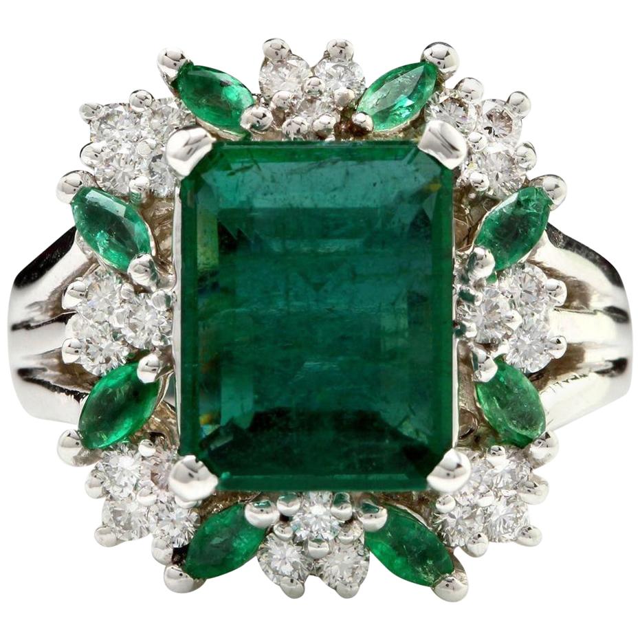 6.90 Carat Natural Emerald and Diamond 14 Karat Solid White Gold Ring For Sale
